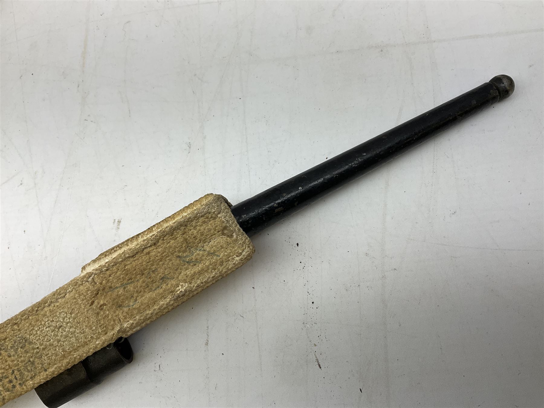 British Pattern 1876 socket bayonet with 43cm steel triangular blade L52cm overall; another socket bayonet with cruciform blade; No.4 Mk.II spike bayonet in metal scabbard with webbing frog; and 1955 Army jack knife by J.H. Thompson Sheffield (4)