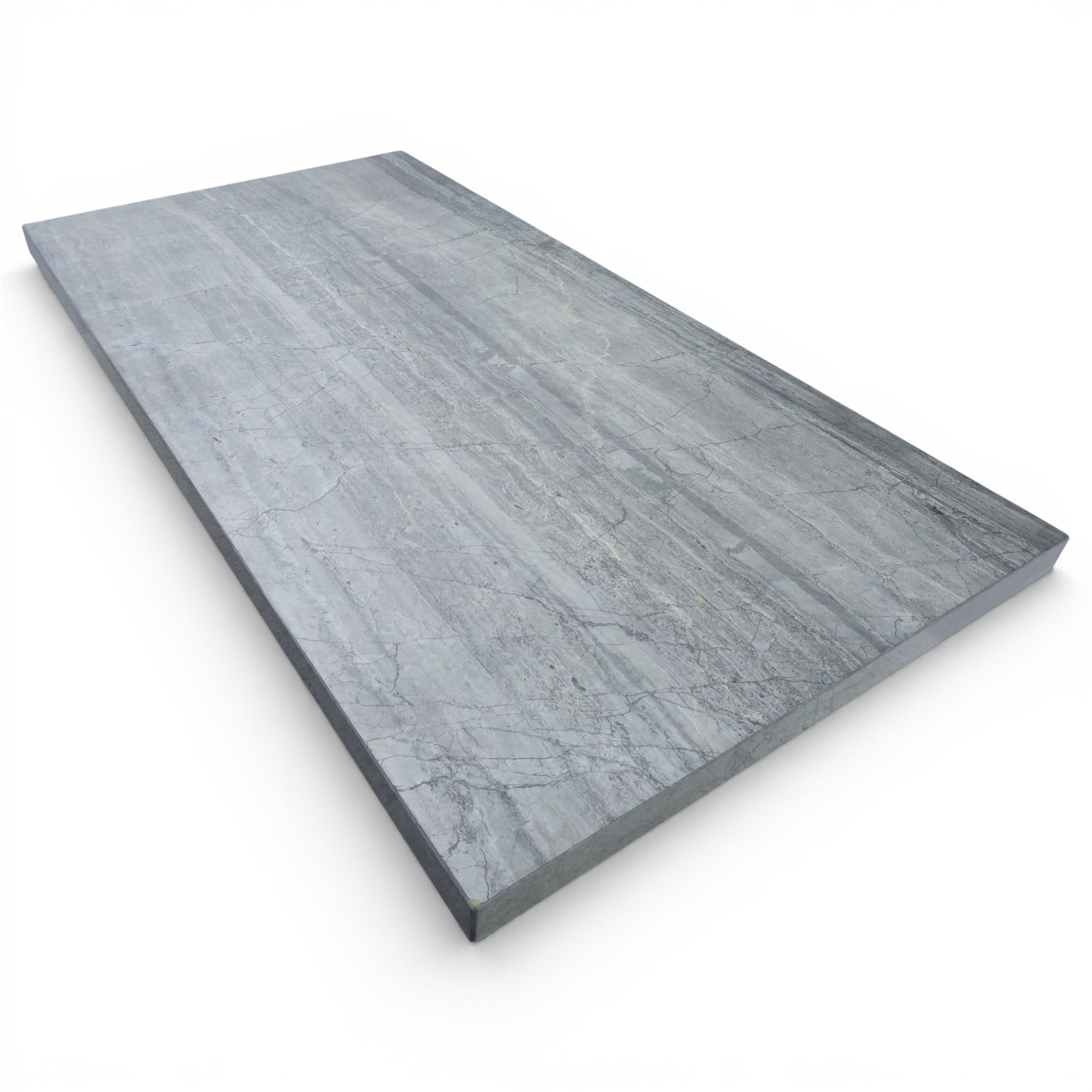 Modern composite marble effect dining table, rectangular top with simulated veining supported on a block pedestal base, accompanied by six matching dining chairs with padded seats and backs in grey upholstery on slim metal legs