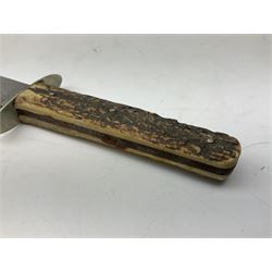 Hunting knife by J Nowill & Sons, Sheffield, the handle inset with mother of pearl, blade length 19cm; George Wolstenholme IXL lock-knife with antler scales L29cm open; and another Bowie style hunting knife marked 'V.R. Warranted Sheffield Joseph Ellis & Sons' in leather sheath (3)