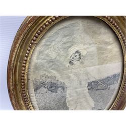 Unusual Regency thread work in progress, of oval form depicting a young girl in bonnet, with rake over shoulder and basket upon arm, stood within a rural landscape with haycart and cottage in the background, partly worked with small individual stiches in a stipple effect, in gilt frame with beaded detail, thread work H24.5cm W19cm overall H30.5cm W25cm
