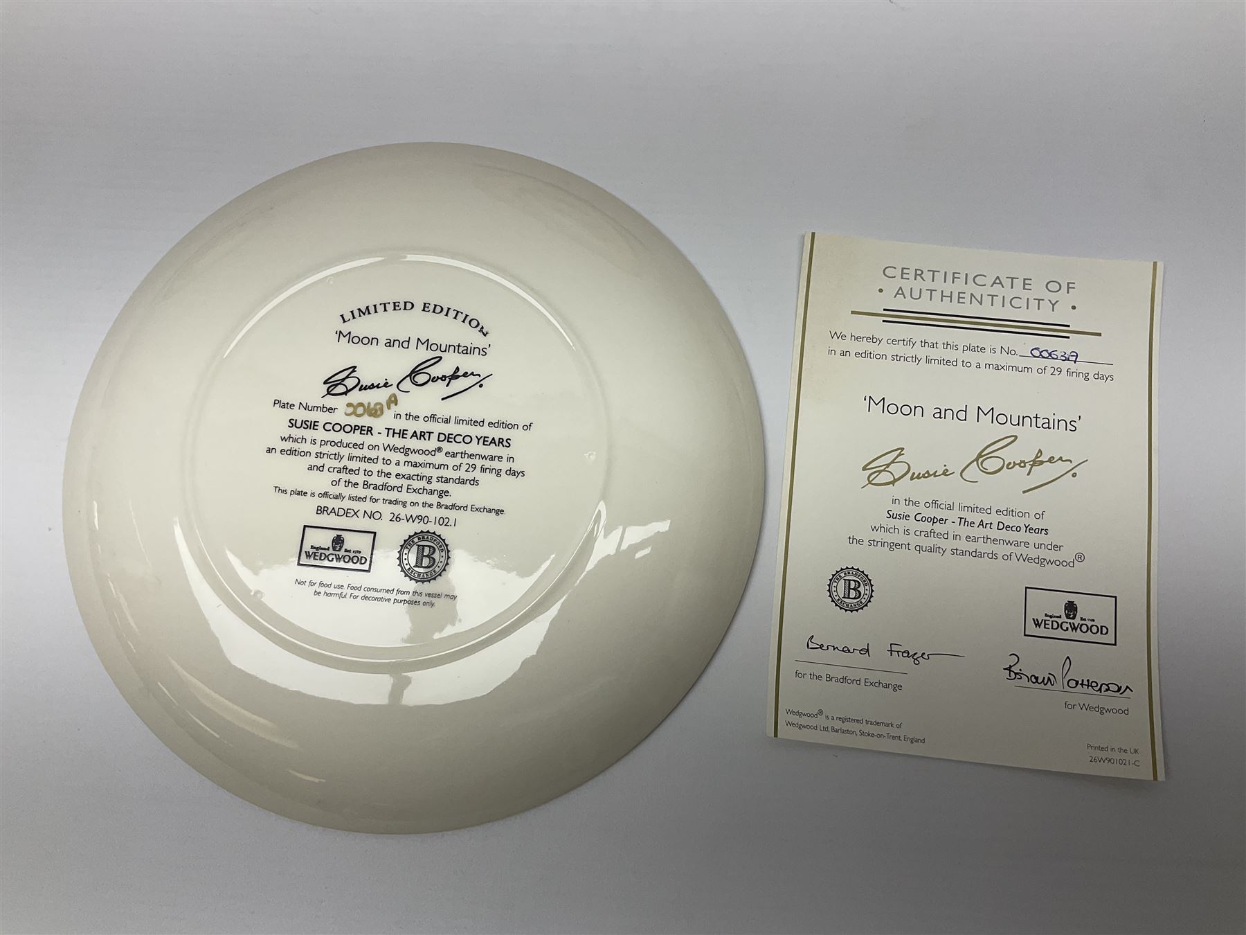 Two Wedgwood limited edition Clarice Cliff Design plates, comprising Poplar and House and Bridge patters, together with six Wedgwood limed edition Suzie Cooper The Art Deco Years, plates, all with certificates of authenticity, D21cm  