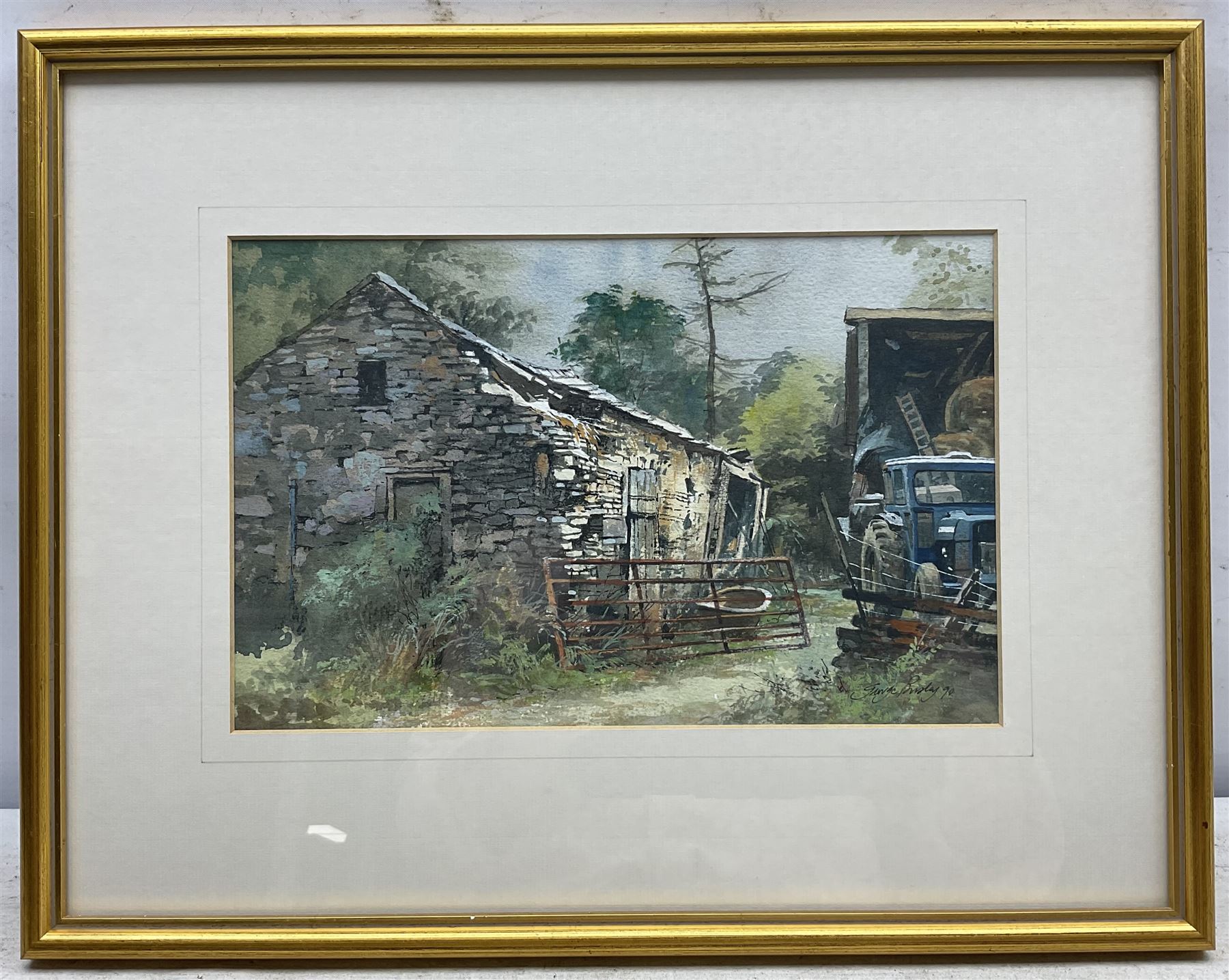 George Busby (Northern British 1926-2005): The Farmyard, watercolour signed and dated '90, 18cm x 27cm