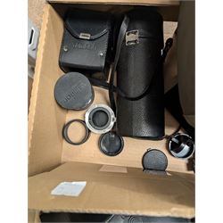 Camera equipment and accessories, including a boxed Manfrotto 290 dual tripods, two other tripods, four Tamron lenses and a collection of filters