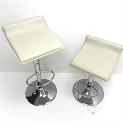  Pair adjustable bar stools, faux leather upholstered seats, chrome column and base, H87cm  