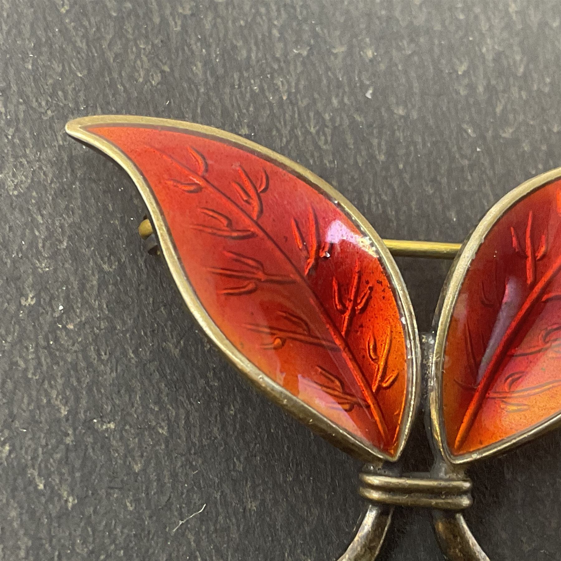 Norwegian silver-gilt red guilloche enamel double leaf brooch, by David Andersen, stamped DA Sterling Norway 925S, H2.6cm