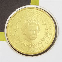 Queen Elizabeth II Bailiwick of Guernsey 2001 gold twenty-five pounds coin, housed in a commemorative cover