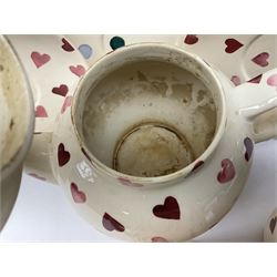 Collection of Emma Bridgewater spongeware ceramics, to include Pink Hearts pattern teapot, milk bottle vase, teacup and saucers, Love & Kisses sugar shaker and large 'I love you more than Marlon Brando' mug, British Birds and Black and White pattern mugs, etc, all with printed marks beneath, tallest H21.5cm
