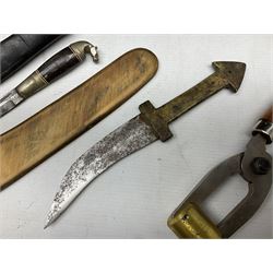 Assorted militaria including ten leather or canvas cartridge and other belts, maroon beret with 17th Lancers cap badge, modern bullet mould, leather and brass shot flask, two knives, shell cases, boomerang etc; in tin deed box