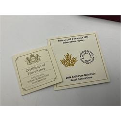 Royal Canadian mint 2014 'Royal Generations' two-hundred dollars fine gold coin, weight 31.16 grams, cased with certificate