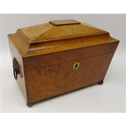  George III burr elm sarcophagus tea caddy, brass escutcheon & feet, two moulded handles and lift out canisters with cross banded lids, L31cm x H23cm   