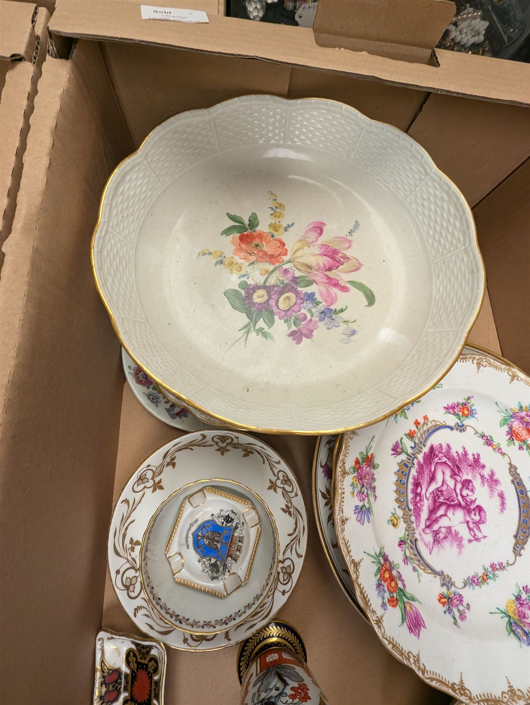 19th century and later ceramics, including cabinet plates, together with Continental vases, Copeland cups and other ceramics, in three boxes