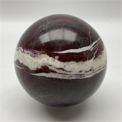 Red marble sphere, with white veins, D10cm