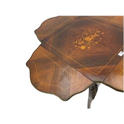 Late 19th/early 20th century rosewood centre table, the shaped drop leaf top inlaid with flower heads and interlacing foliate, boxwood strung, on cabriole supports, fitted with gilt metal cartouche moulded mounts
