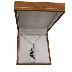 Silver Baltic amber seahorse pendant necklace, stamped 925, boxed 