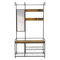 Modern hall stand black and rustic wood veneer, mirrored panel with multiple hooks, wooden veneer seat above shelving for shoes 