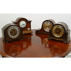  Early 20th century oak mantel clock presented to J S Anderson for being presented with the Military Medal and three other 20th century oak cased mantel clocks, pone with triple train movement, H26cm max (4)  
