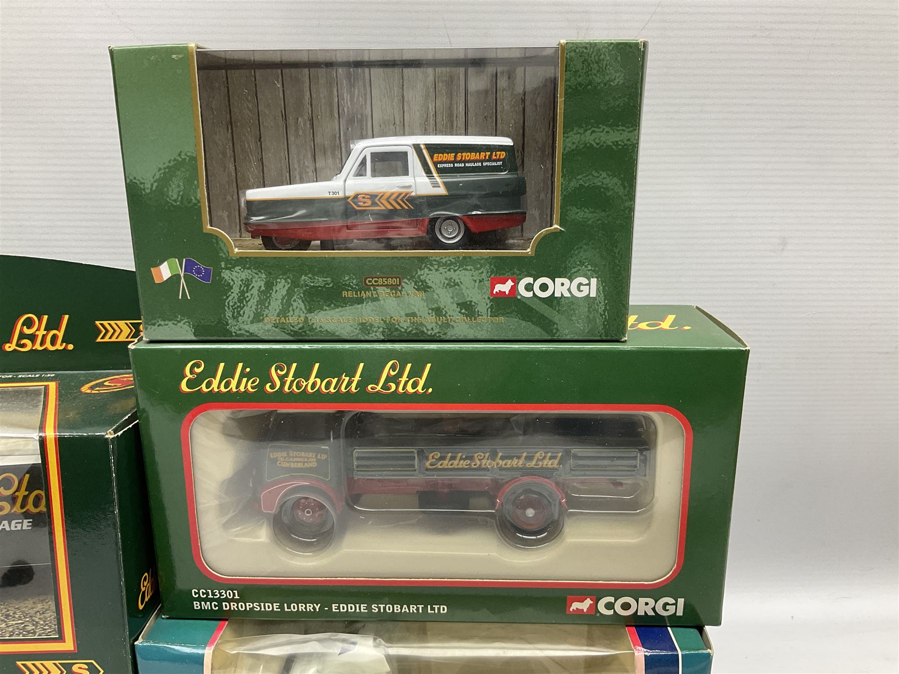 Corgi Eddie Stobart - thirteen various lorries, vans and cars including Reliant Regal, Minis, Land Rover etc; all boxed (13)