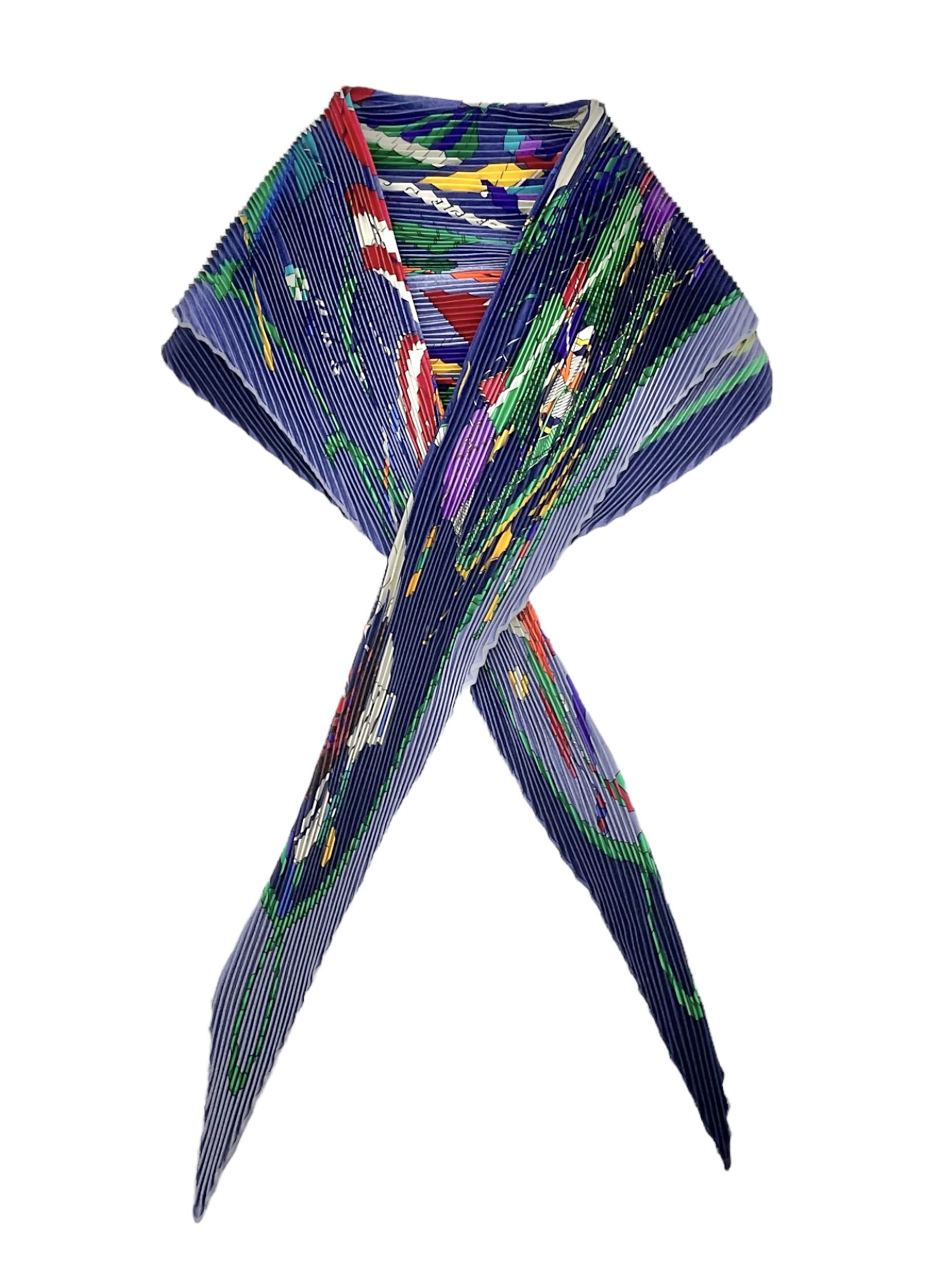 Hermès 'Les Folies Du Ciel' plisse silk scarf, designed by Loïc Dubigeon, printed with hot air balloon motifs, contained within twisted green rope border, on merging light and navy blue ground, with rolled hand stitched edges and Hermes material label, length 129cm