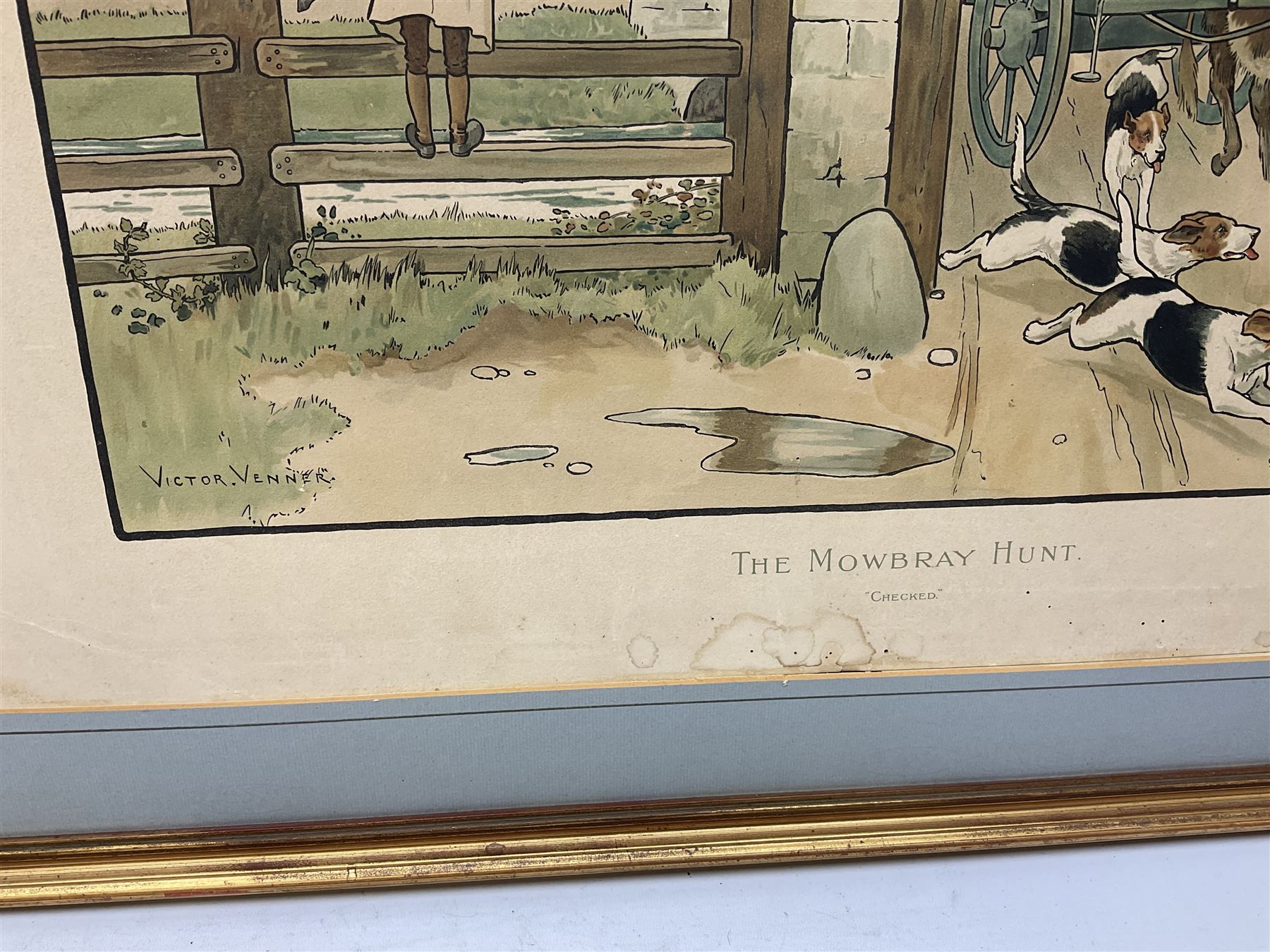 After Sir Joshua Reynolds (British 1723-1792): 'Lord Henry and Lady Charlotte Spencer', engraving with hand colouring pub. 1790; After Heywood Hardy (British 1843-1933): 'In the Lap of Luxury', engraving; After John Watson Nicol (British 1856-1926): 'An Immediate Settlement will Oblige', engraving; after Charles Staniland (British 1838-1916): 'Saved at Last', engraving; After Gaton Woodville: 'In the Nick of Time', colour print; after Victor Venner: 'The Mowbray Hunt Checked', colour print together with pair colour prints after Fred Elwell, a Chinese print, a mirror, further pictures etc, max 45cm x 68cm