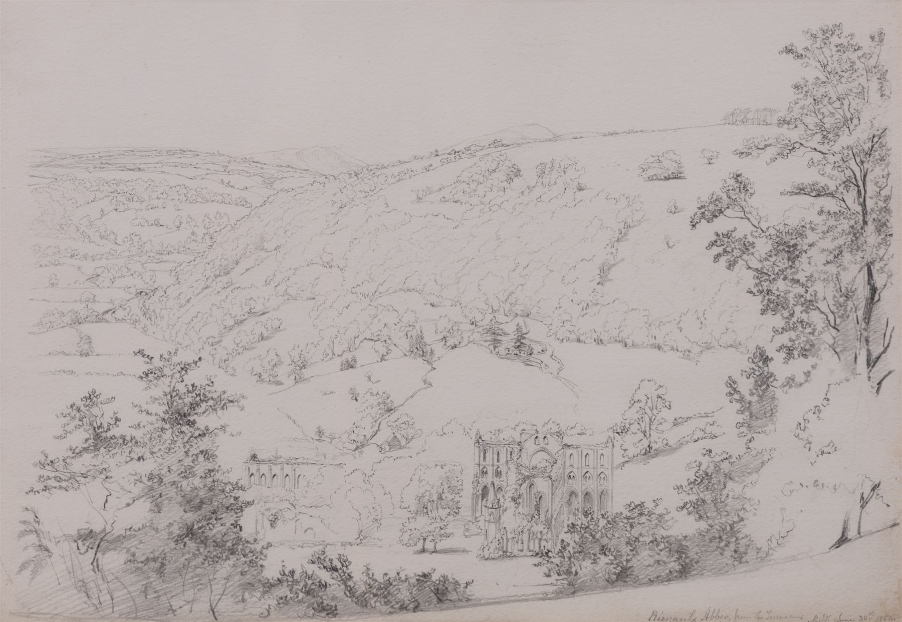 Mary Weatherill (British 1834-1913): 'Rievaulx Abbey from the Terraces', pencil sketch signed with initials, titled and dated 1850, 25cm x 36cm 