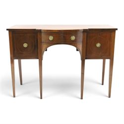 Regency period inlaid mahogany bow-breakfront sideboard, shaped rectangular top with cross...