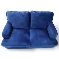 Howard design - two-seat sofa upholstered in blue fabric, traditional shape with rolled arms, on walnut finish turned feet with brushed metal cups and castors