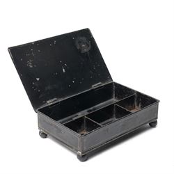 19th century toleware stationary or wafer box, possibly German, with painted cover depicting a child holding oversized quill, seated at a davenport, W20.5cm D13.5cm