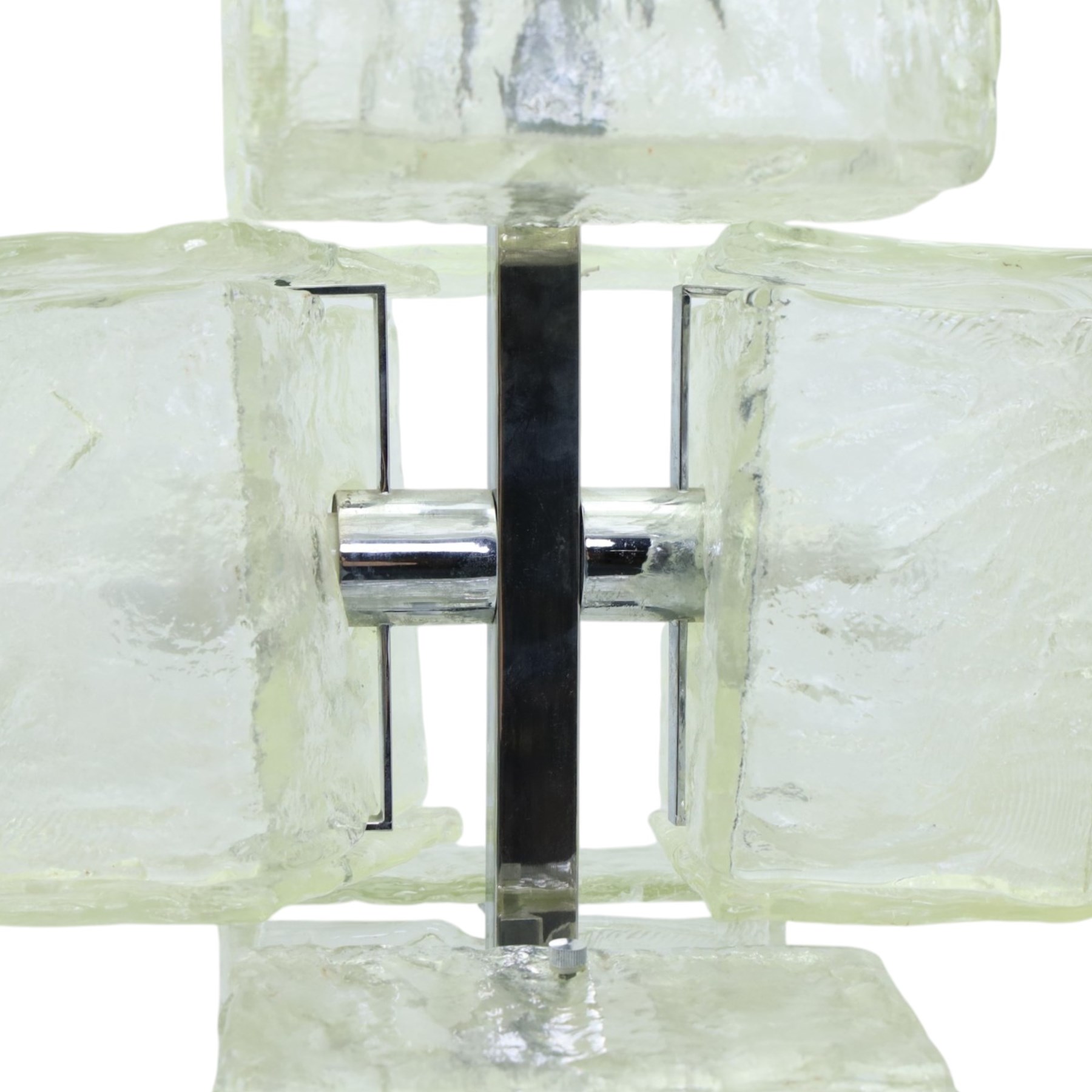 1970s modernist chrome standard lamp, fitted with six textured ice-glass cuboid shades arranged at differing heights, square-section stem on shaped marble plinth base