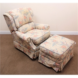  G-Plan armchair, upholstered in a beige fabric with floral pattern (W90cm) and matching footstool (W63cm, H45cm, D54cm) (2)  
