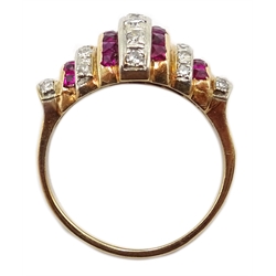  Gold ring set with graduating curved lines of diamonds and rubies  