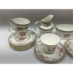 Wedgwood Queens Ware tea and dinner wares in Provence pattern, including ten cups and saucers, milk jug, butter dish with cover, ten dinner plates, ten bowls and ten side plates etc (71), together with Royal Doulton tea wares in Canton pattern, comprising six cups and saucers, milk jug, open sucrier and six dessert plates.    