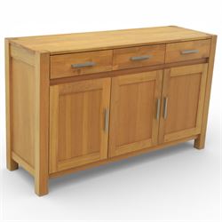 Solid light oak sideboard, fitted with three drawers and three cupboards