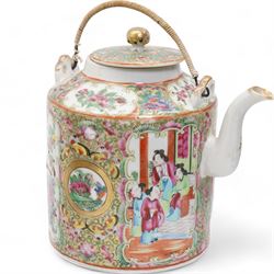19th/ early 20th century Chinese Canton famille rose porcelain teapot with swing handle, pair of teacups and saucers, and later bowl (6)