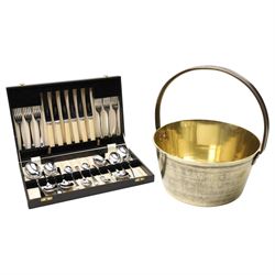 Brass preserve pan with loop handle D29cm and canteen of chromium plated cutlery