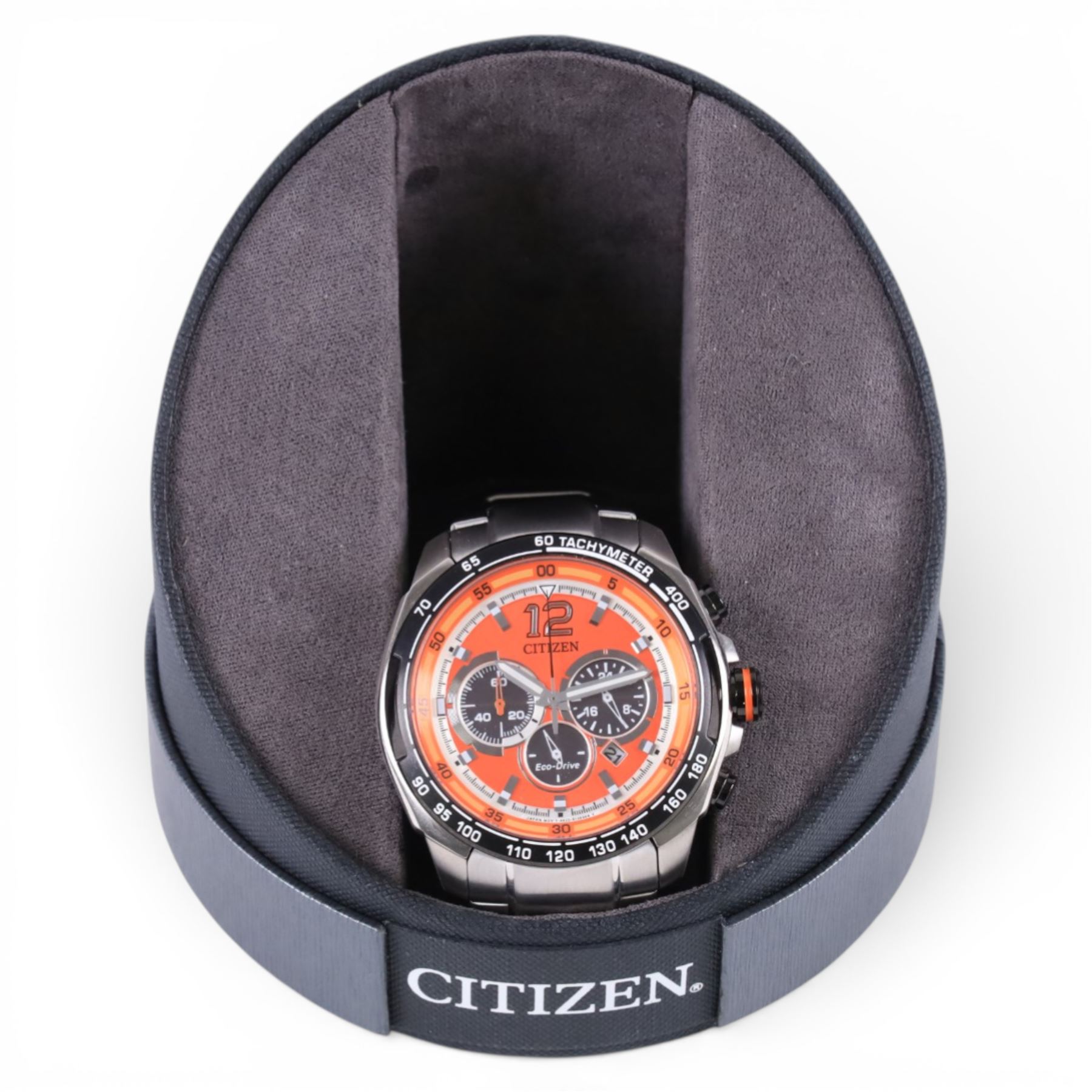 Citizen Eco-Drive gentleman's stainless steel solar power wristwatch, Ref. B620-S097169, orange dial with baton hour markers, on original stainless steel strap with fold-over clasp