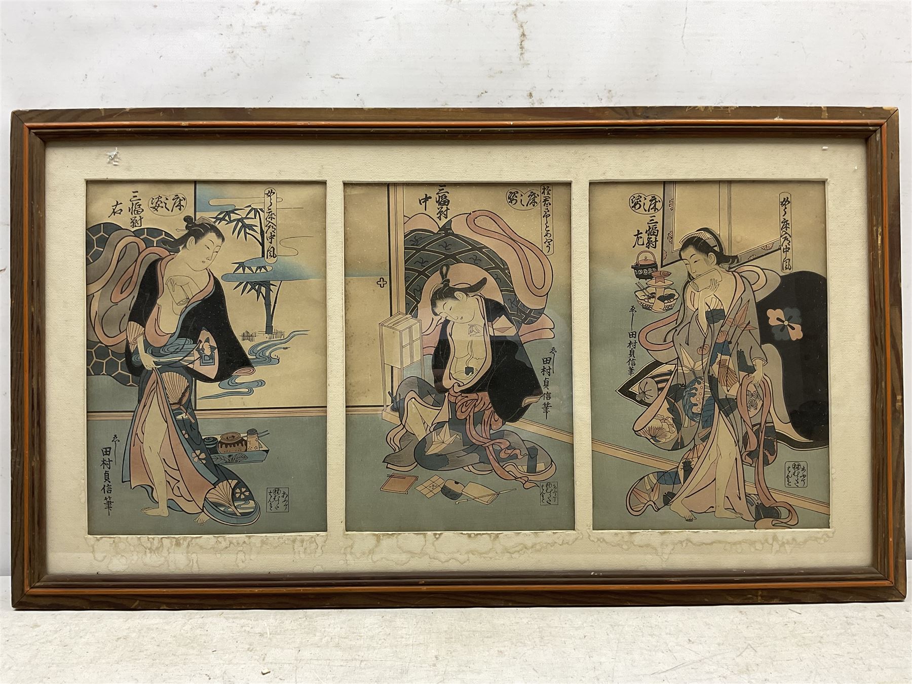 Japanese School (20th century): Birds in Trees, pair woodblock prints framed as one, each 36cm x 24cm, together with a similar set of three framed as one, each 37cm x 25cm (2)