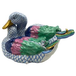 Large Herend fishnet blue nesting ducks, with printed mark beneath H22cm
