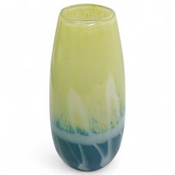Art Nouveau style blue and white glass vase, of baluster form with elongated neck, the decorative green stems leading towards a petal shaped rim, H29cm; together with four similar art glass vases, tallest H36cm (5)