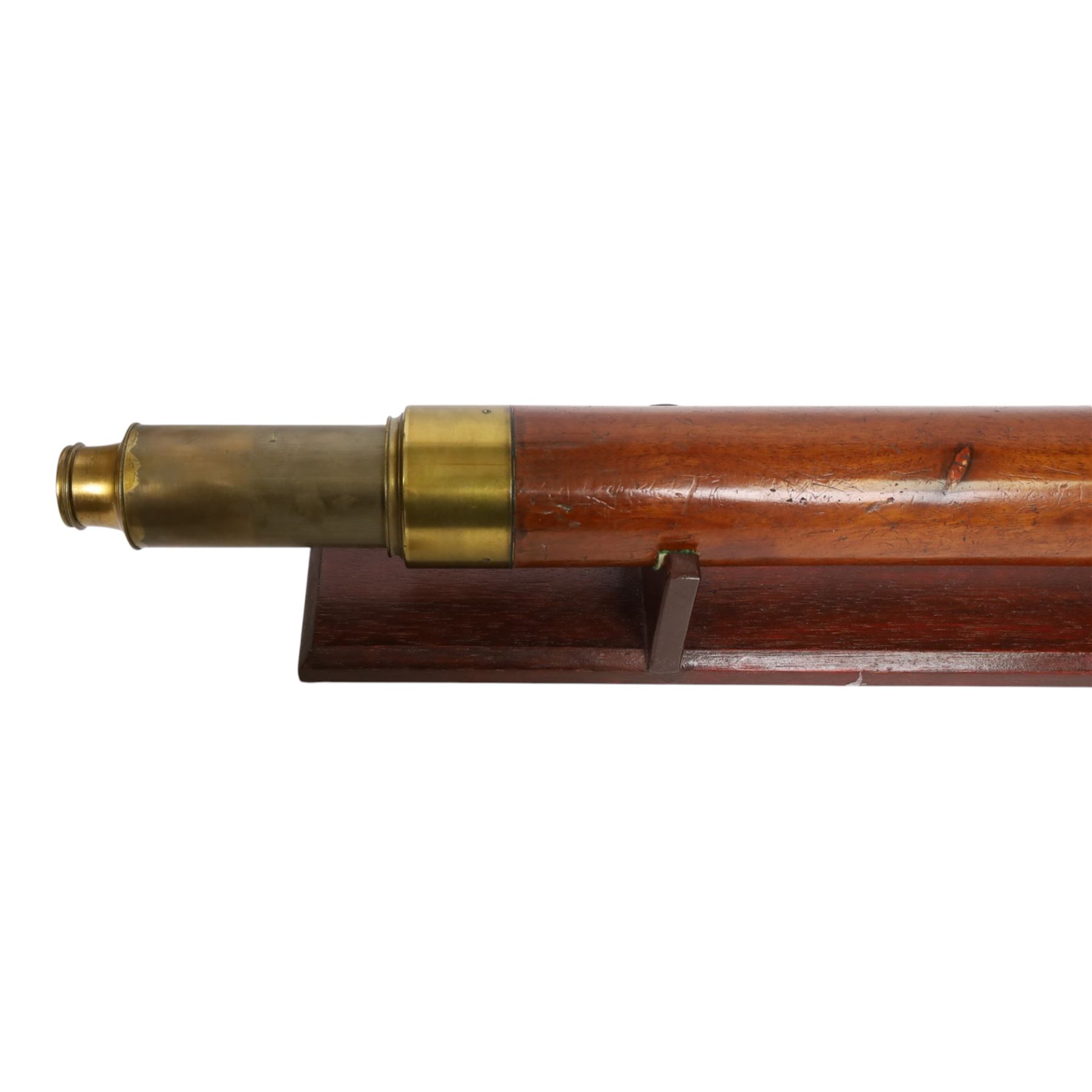 19th century single draw wooden telescope with brass mounts on a wooden stand, together with a mahogany and brass conical daylight enlarger and a B.I.T brass lens