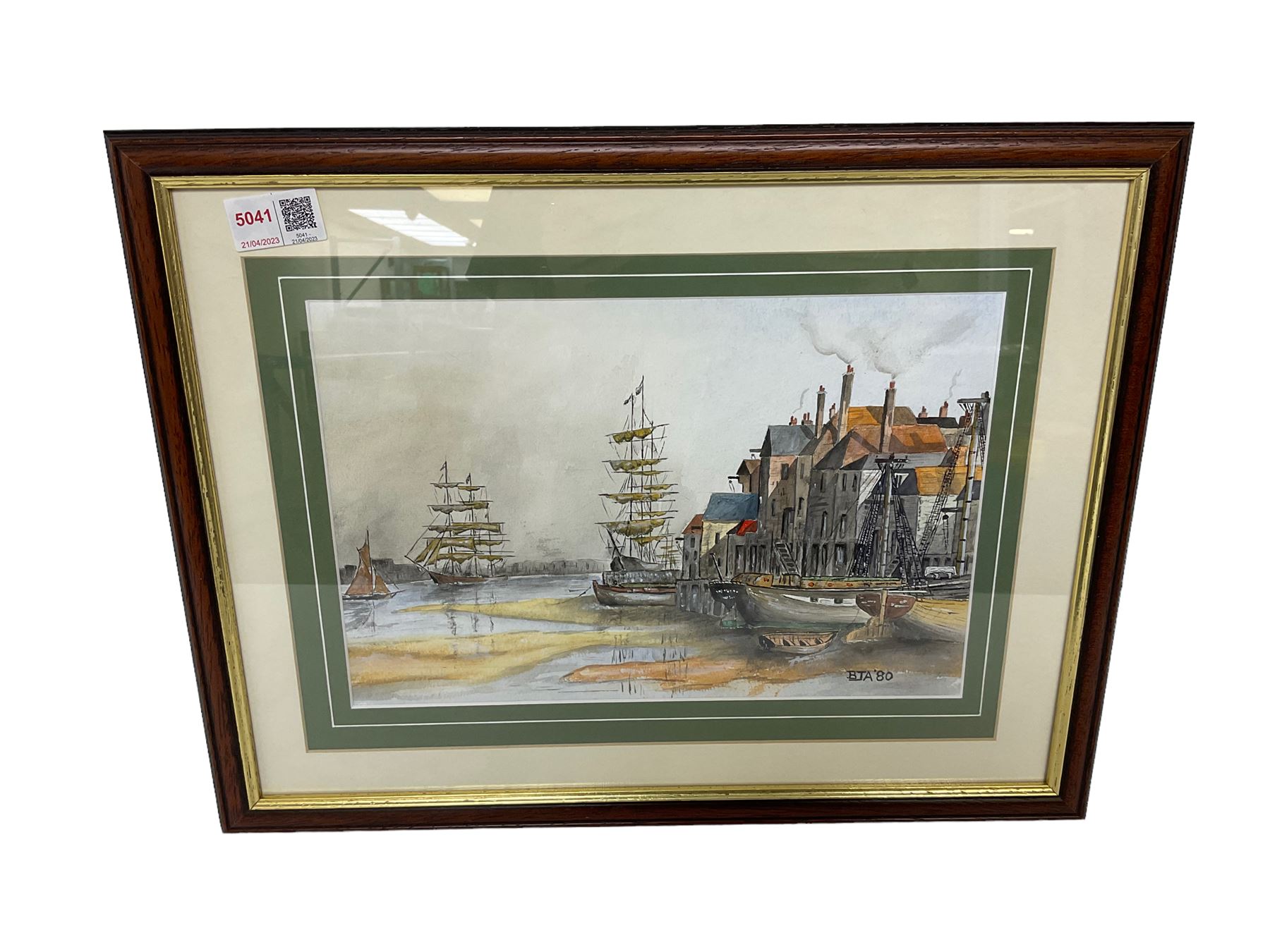 Watercolour picture of boats, signed BJA '80
