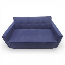 Modern two seat sofa bed upholstered in navy fabric, the rectangular back and seat divided into stitched square panels, with integrated button detailing, straight padded arms of square section, the seat back lowering and extending drawer base to form a sleeping platform