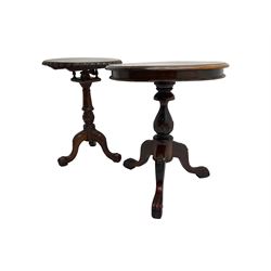 Georgian design mahogany pedestal occasional table, carved edge over birdcage action support, tripod base with acanthus leaf decoration and ball and claw feet (W50cm H70cm); Georgian design occasional table, circular top over vasiform pedestal with tripod base (W59cm H70cm)