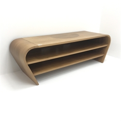 Low walnut media unit, shaped supports, two shelves, W125cm, H40cm, D40cm