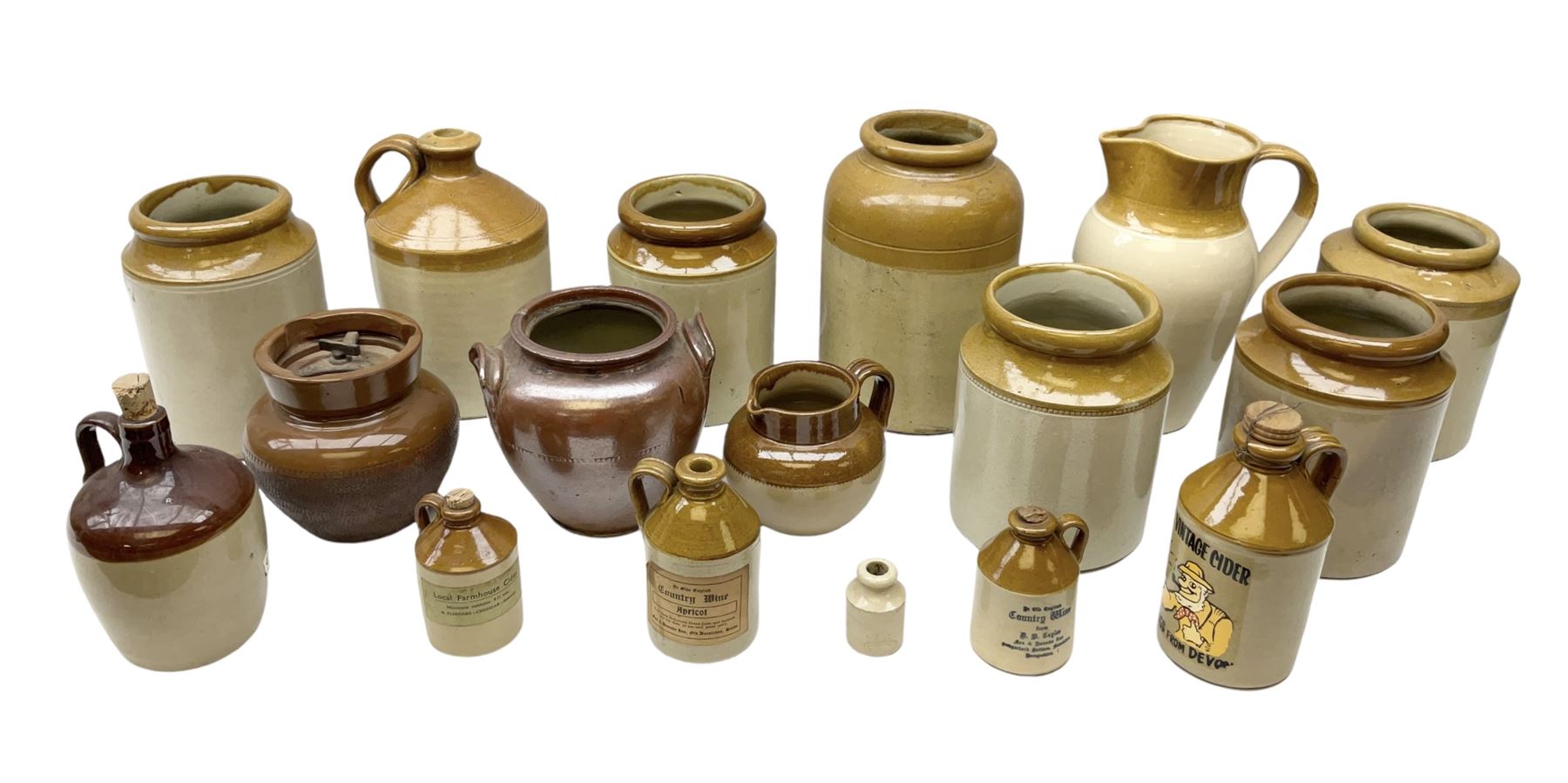 Quantity of salt glazed stoneware flagons, two tone jars and jug etc, to include some with impressed marks and labels, largest H26cm