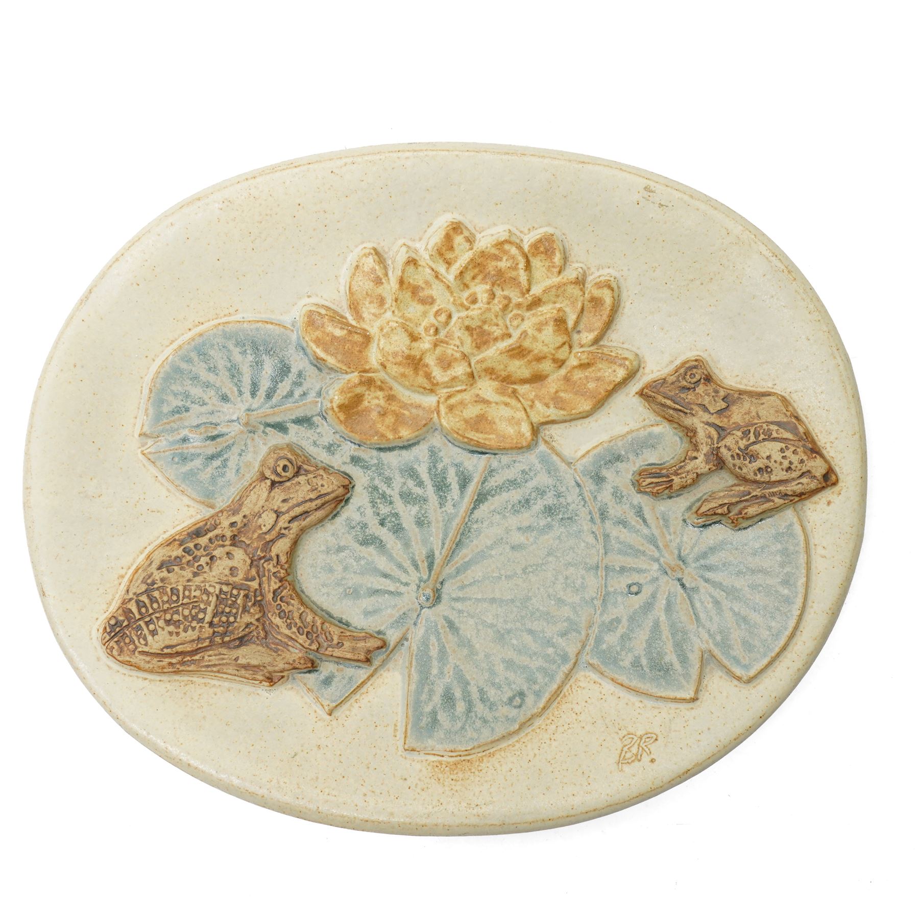 Bernard Rooke (1938-) - Studio pottery dish of shaped oval form with a raised pattern of lily pads and frogs W29cm with Bernard Rooke paper label and purchased from The Mill Gallery, Swilland, Ipswich and inscribed 'B R'