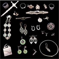 Pair of 9ct gold pendant earrings, pair of 9ct white gold lever back earrings, and a collection of silver and silver stone set jewellery including Macintosh design earrings, brooch and bracelet etc, stamped or hallmarked