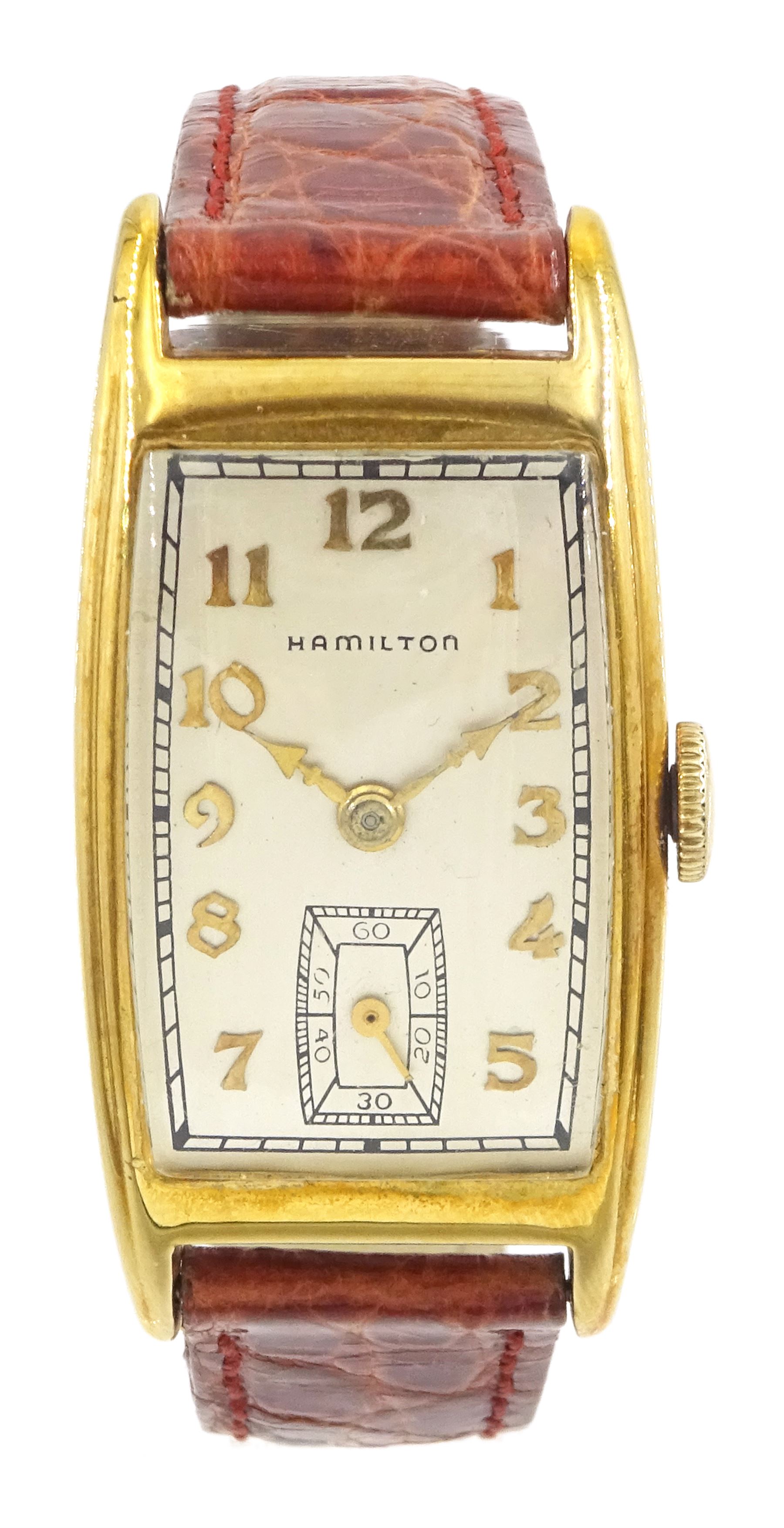Hamilton gentleman's 14K gold filled manual wind wristwatch, circa 1940's, Cal. 980, silvered rectangular dial, with subsidiary seconds dial and Arabic hour markers, on brown leather strap