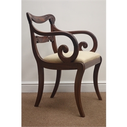 Set 6 (4+2) 19th century carved mahogany dining chairs, shaped cresting rail, upholstered seat, sabre supports, W45cm   