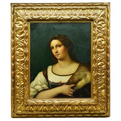 After Sebastiano del Piombo (Italian c.1485-1547): Half Length Portrait of a Lady in a Fur-trimmed Coat - 'La Fornarina', early 19th century oil on canvas unsigned 65cm x 52cm, housed in ornate giltwood and gesso frame with moulded acanthus leaves, overall 100cm x 87cm
Notes: the original, previously attributed to Raphael, is held in the Uffizi Gallery, Florence.