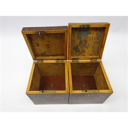  Pair George III figured mahogany crossbanded tea caddies, square form, boxwood and chequer strung with lidded interior, original handles, keys included, 12cm x 12cm   